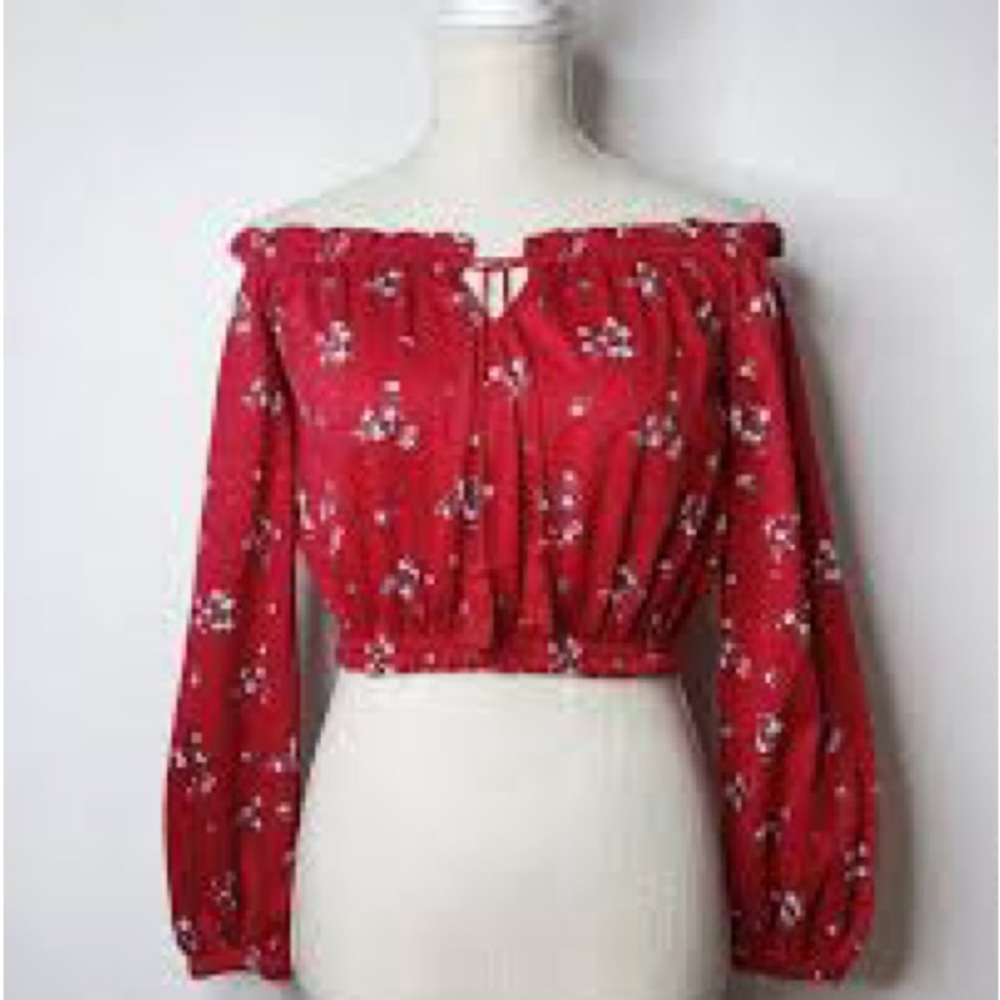 Red Ruffled Crop Blouse with Tie Front